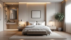 Lire la suite à propos de l’article Chambre avec salle de bain derrière la tête de lit : un aménagement astucieux pour gagner de l’espace