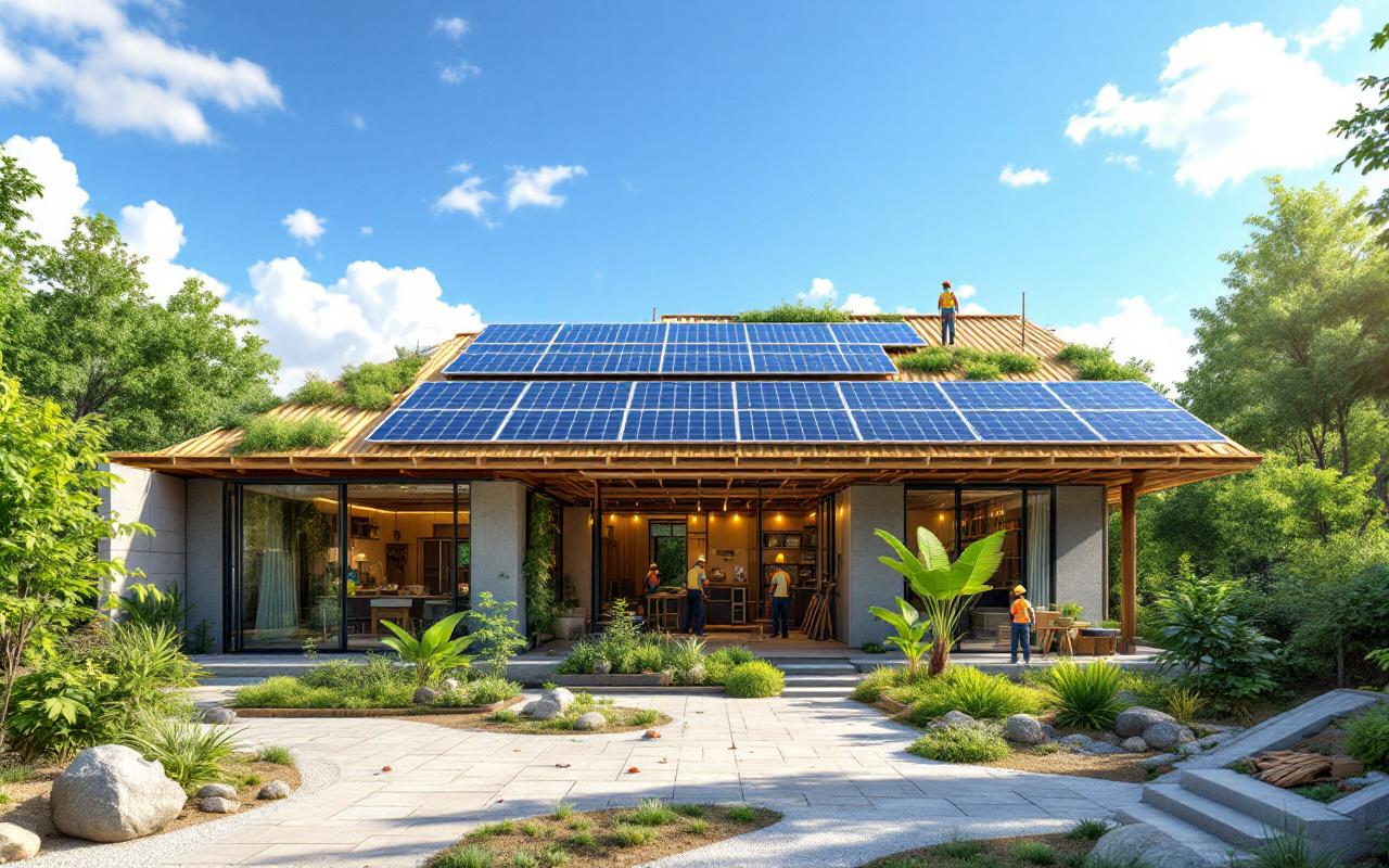 Image d'un chantier de construction écologique avec des panneaux solaires, des matériaux verts, et des travailleurs utilisant des pratiques durables, le tout dans un environnement naturel lumineux entouré d'arbres et de plantes.