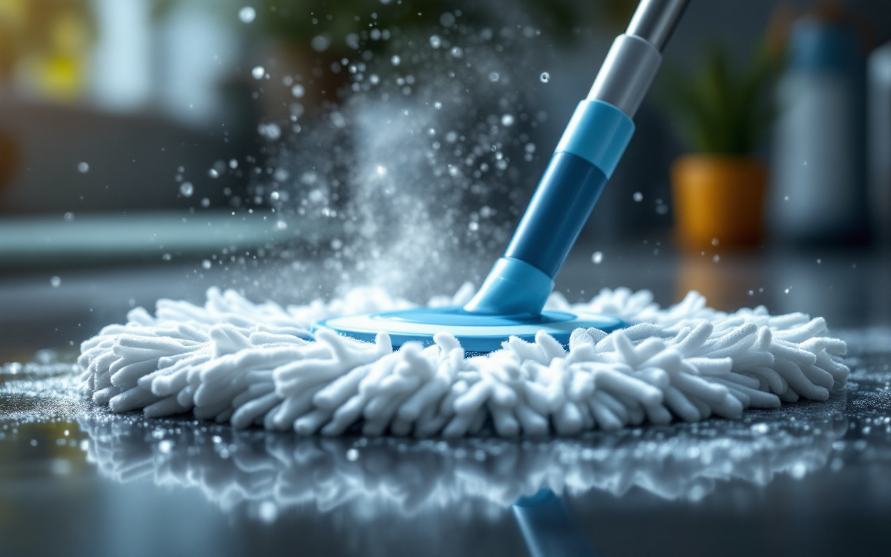 Gros plan d'une tête de balai microfibre avec une fine brume et de petites gouttelettes d'eau, éclairage doux et naturel, arrière-plan intérieur flou