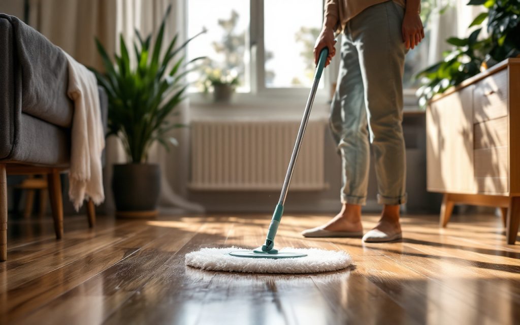 Balai spray posé sur un sol en parquet dans un petit studio baigné de lumière matinale volumétrique, meubles minimalistes, plante en pot, reflets doux sur le bois, ambiance chaleureuse et réaliste.