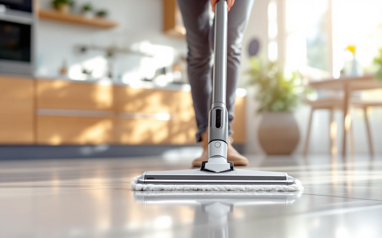 Aspirateur-balai sans fil en train de nettoyer des carreaux de cuisine brillants dans une cuisine moderne et lumineuse, rayons de soleil volumétriques et reflets sur le sol, plan rapproché.