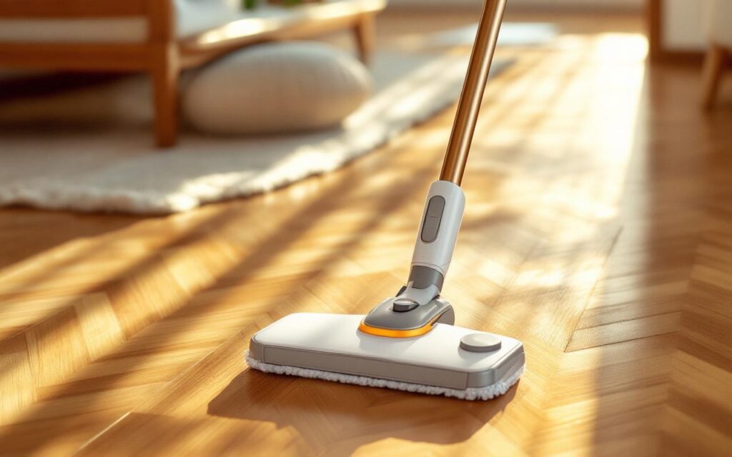 Aspirateur-balai sans fil posé sur un sol en parquet chêne clair, éclairé par une lumière naturelle matinale volumétrique, appareil blanc et gris net au premier plan, arrière-plan domestique légèrement flou
