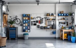 Garage rénové en photo réaliste montrant isolation murale apparente avec panneaux et nouveau placo, établi en bois, rangement d'outils sur panneau perforé et étagères avec boîtes étiquetées, vélo accroché au mur, sol en béton propre, lumière naturelle volumétrique, tons gris, bois, bleu et blanc.