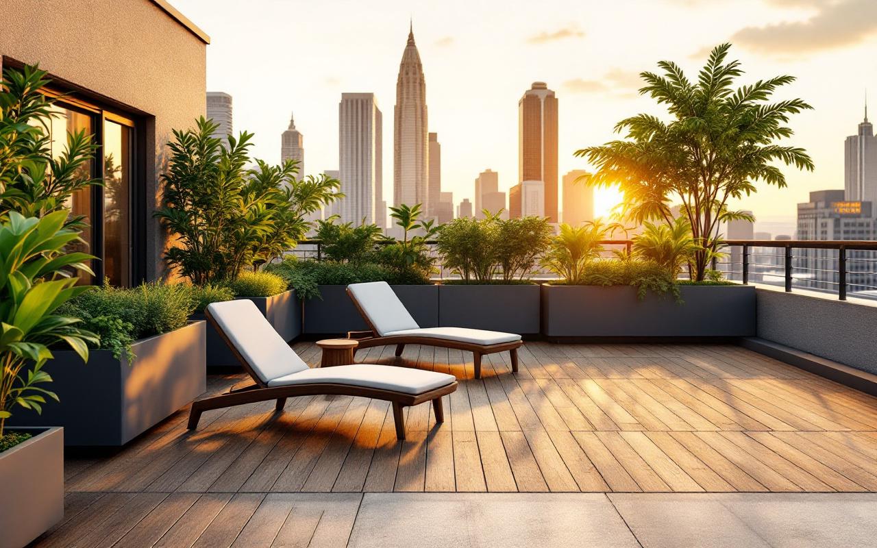 Terrasse sur le toit d'un garage avec jardinières verdoyantes et deux chaises longues modernes sur parquet bois, lumière volumétrique chaude de coucher de soleil, ombres douces, arrière-plan avec silhouette urbaine.