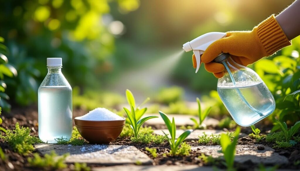 découvrez comment utiliser le vinaigre blanc, le sel et l'eau savonneuse pour un désherbage naturel et efficace, sans produits chimiques.
