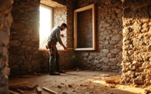 Artisan mesurant l'encadrement d'une fenêtre dans une maison en pierre, mètre ruban à la main, outils et copeaux de bois au sol, lumière chaude du coucher de soleil filtrant la pièce.