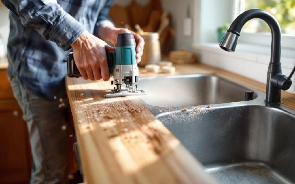 Photo réaliste d'une personne en train d'installer un évier de cuisine, utilisant une scie sauteuse pour découper un plan de travail en bois, poussière en suspension, évier en acier inoxydable à proximité, lumière naturelle lumineuse