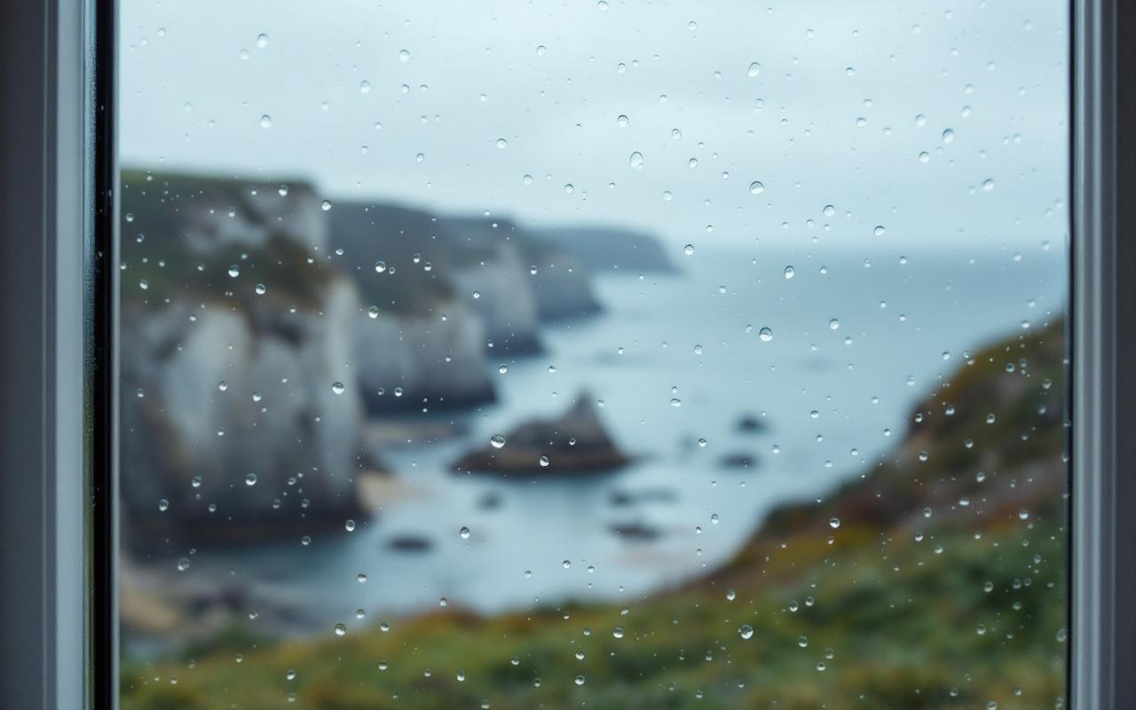 Fenêtre PVC blanche couverte de gouttes de pluie, vue floue de la côte normande avec falaises et mer, lumière côtière douce aux tons bleus-gris et touches dorées.