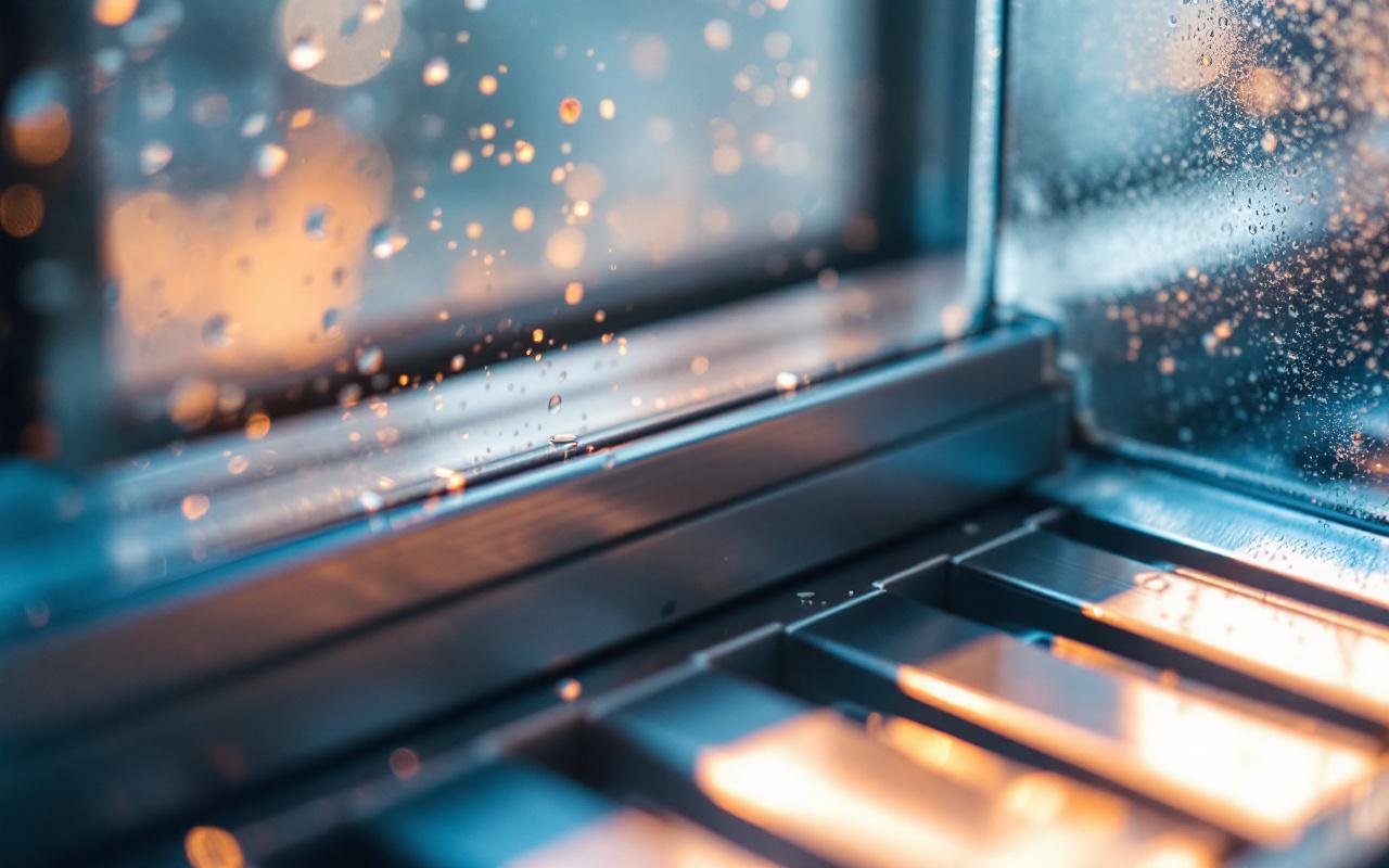 Gros plan sur des lames d'aluminium et une petite boîte compacte fixée à une fenêtre, textures métalliques visibles, poussière légère et reflets, lumière douce du matin créant des reflets chauds.