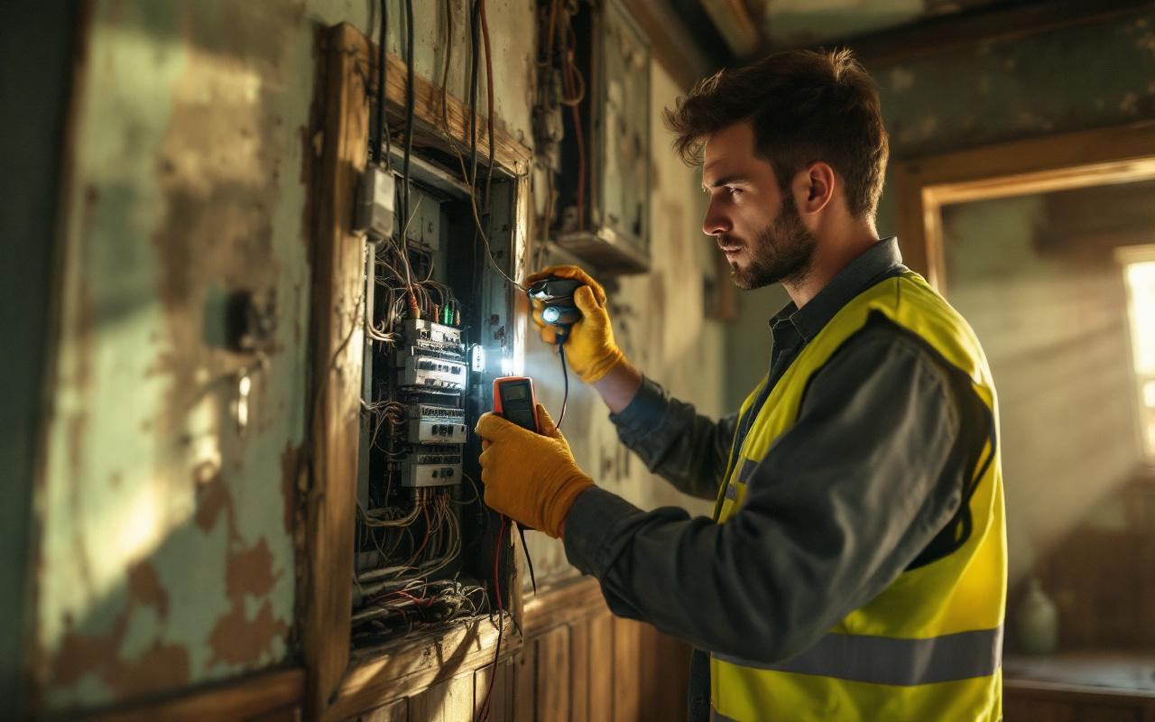 Inspecteur en gilet de sécurité vérifiant un ancien tableau électrique dans une maison vintage, lumière chaude entrant par la fenêtre, murs en bois et papier peint abîmé, fils apparents, inspecteur tenant une lampe et un multimètre.