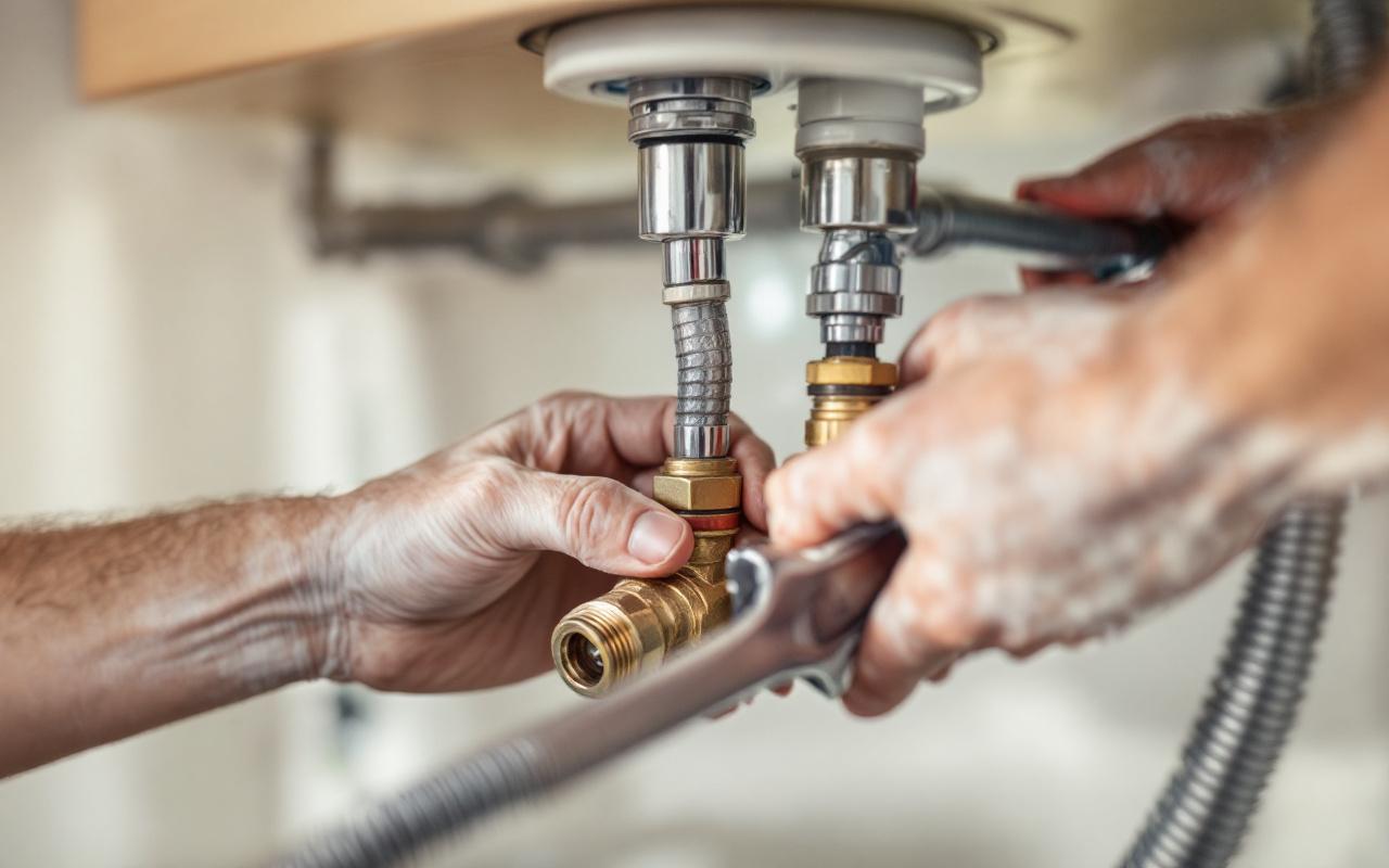 Gros plan de mains raccordant des flexibles de robinet aux vannes d'arrêt sous un évier, tuyaux et raccords métalliques visibles, lumière chaude et naturelle dans l'armoire sous l'évier.