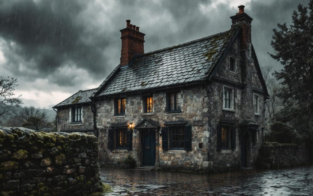 Façade d'une maison historique au toit en ardoise sous un ciel pluvieux, pierres et pavés mouillés, gouttes visibles aux fenêtres, cheminée en brique, ambiance sombre et réaliste.