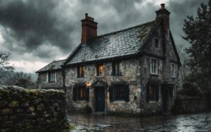 Façade d'une maison historique au toit en ardoise sous un ciel pluvieux, pierres et pavés mouillés, gouttes visibles aux fenêtres, cheminée en brique, ambiance sombre et réaliste.