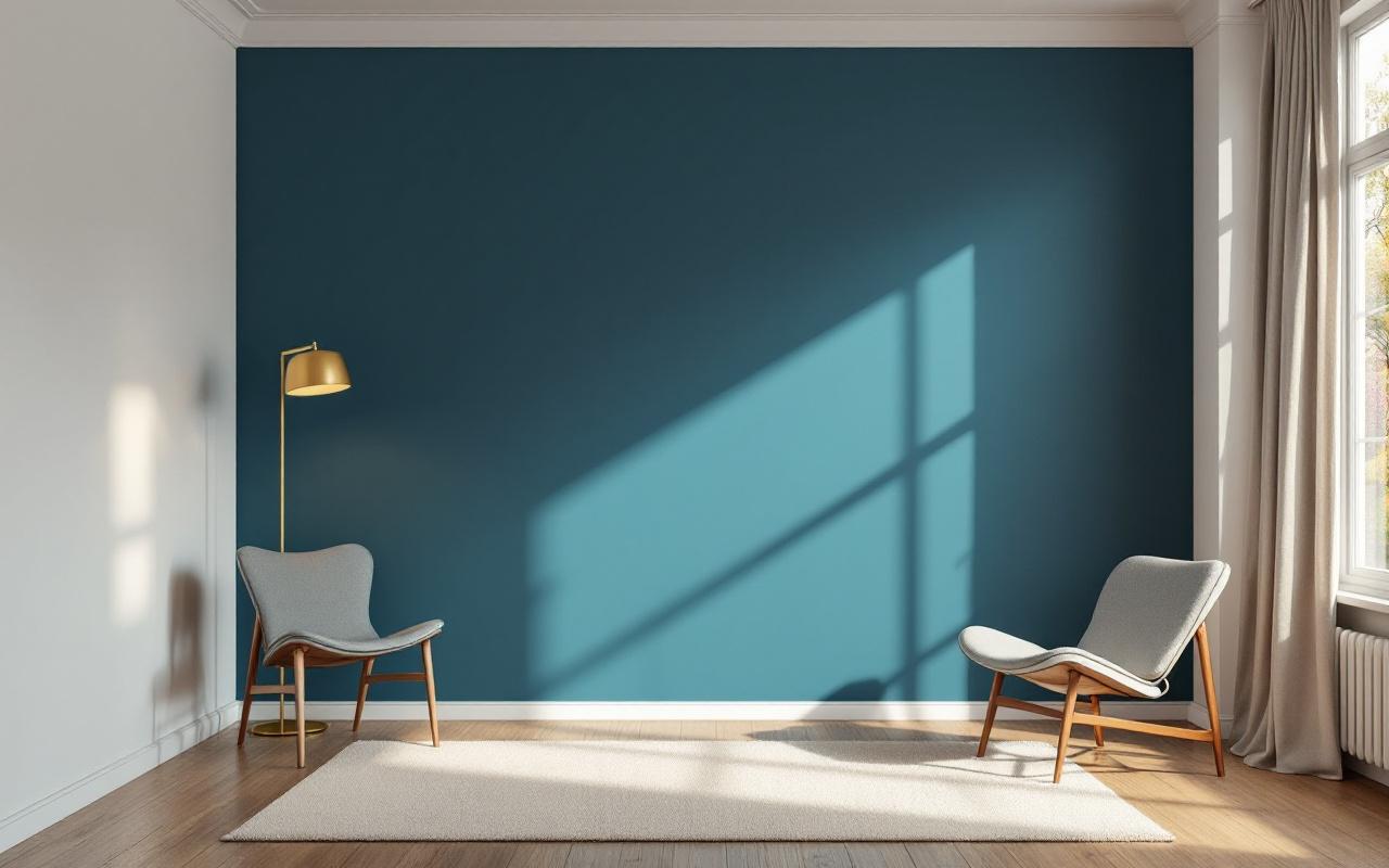 Photo réaliste d'un mur d'accent bleu pétrole profond avec une lampe en laiton allumée et un tapis beige posé sur un parquet en bois, lumière chaude de coucher de soleil créant des ombres douces et une ambiance naturelle et élégante.