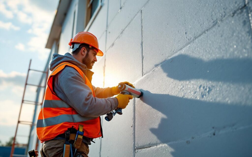 Ouvrier en gilet haute visibilité et casque, appliquant du joint d'étanchéité sur des panneaux isolants extérieurs depuis un échafaudage, vêtements et bâche agités par le vent, lumière rasante chaude au coucher.