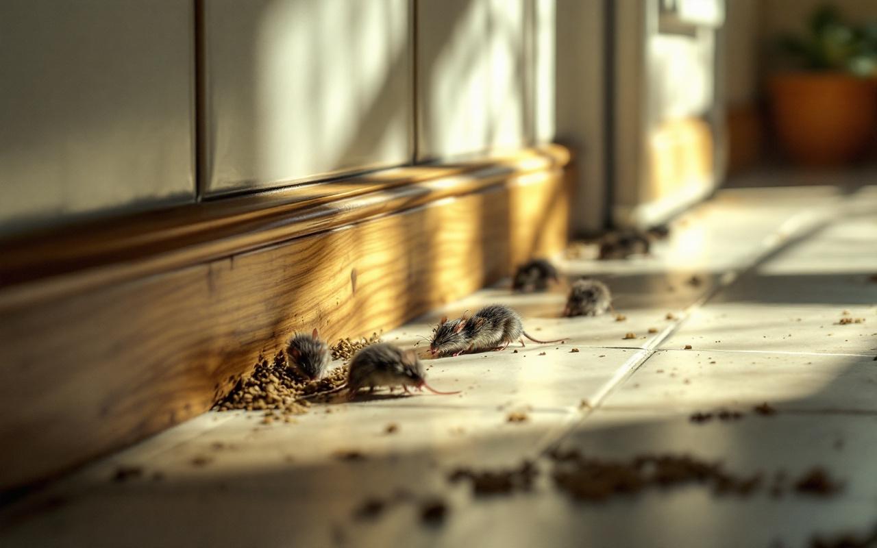 Photographie réaliste montrant plusieurs pièges à souris alignés le long d'une plinthe de cuisine, sol carrelé et plinthe en bois, lumière naturelle du matin créant des ombres douces et une ambiance domestique sobre.
