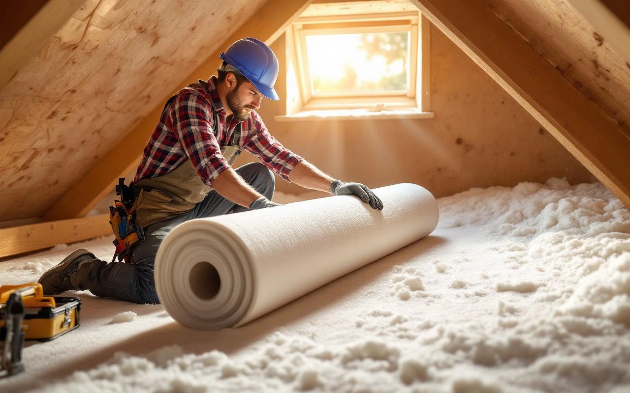 Un entrepreneur portant casque et gants déroule un rouleau d'isolant dans des combles en bois, la lumière naturelle traverse la trappe et des rayons de poussière sont visibles.