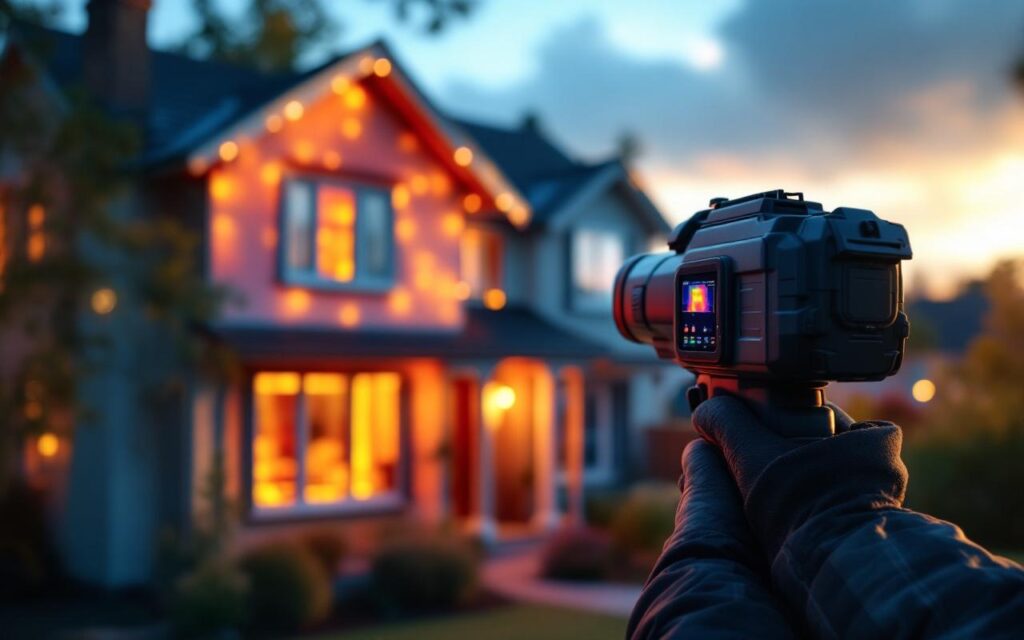 Photo réaliste d'une caméra thermique scannant la façade d'une maison pour détecter les pertes de chaleur. Un technicien tient l'appareil, la palette thermique montre zones chaudes en rouge/jaune et zones froides en bleu, lumière douce de coucher de soleil, quartier résidentiel en arrière-plan.