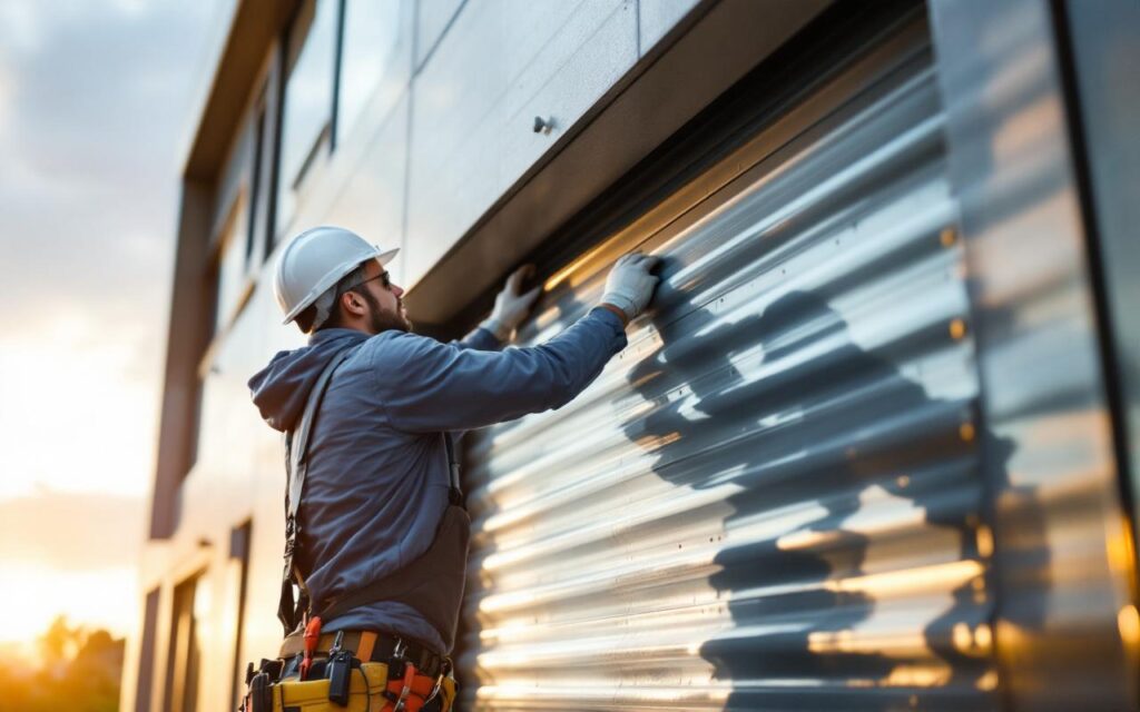 Technicien en tenue de sécurité et casque installant un volet roulant sur une façade moderne en verre et béton, outils à la main, éclairage volumétrique discret de coucher de soleil, ambiance réaliste et professionnelle.