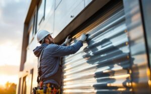 Technicien en tenue de sécurité et casque installant un volet roulant sur une façade moderne en verre et béton, outils à la main, éclairage volumétrique discret de coucher de soleil, ambiance réaliste et professionnelle.