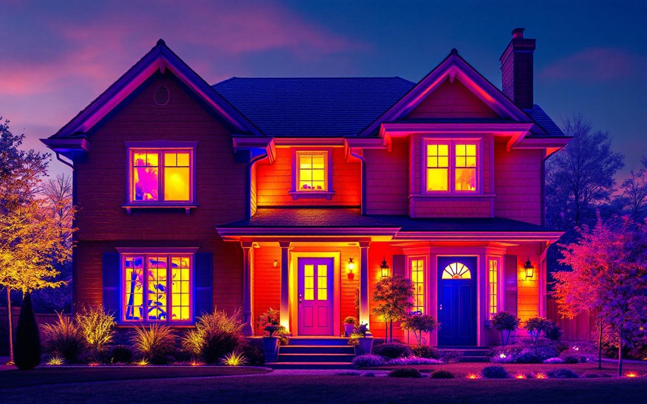 Image réaliste d'une thermographie infrarouge d'une façade de maison montrant des ponts thermiques, zones chaudes en rouge/orange/jaune et zones froides en bleu/violet, éclairage naturel crépusculaire et détails de surface.