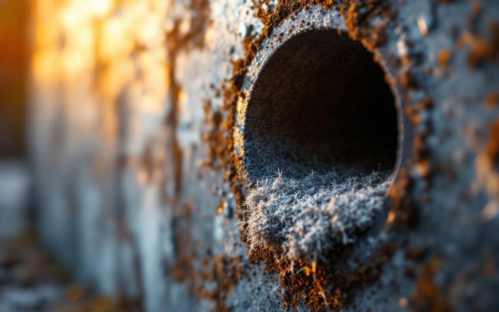 Gros plan réaliste montrant de la laine d'acier compactée dans l'entrée d'un tuyau métallique, mur en béton humide en arrière-plan, éclairage doux de coucher de soleil, teintes grisâtres et bruns rouillés.