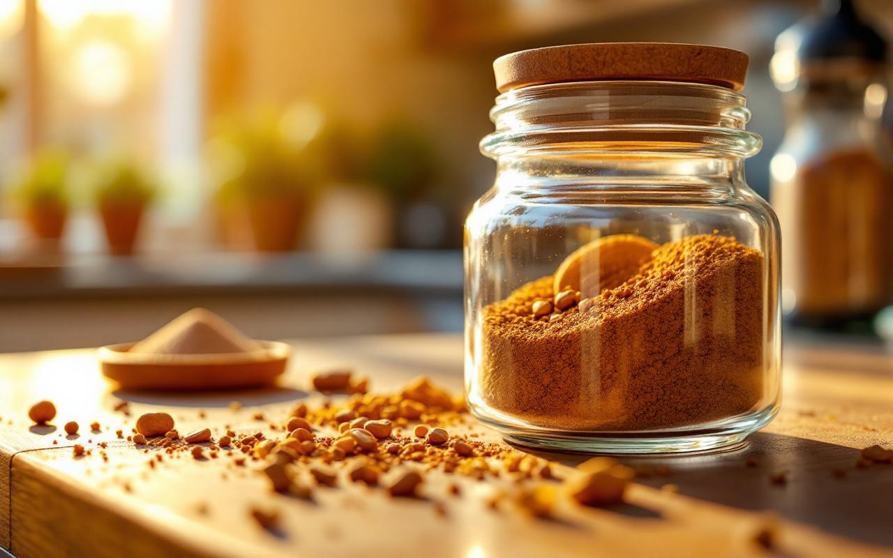 Disque d'argile dans un petit bocal à épices en verre posé sur un plan de travail de cuisine, éclairé par une lumière chaude du matin avec reflets ambrés et arrière-plan flou montrant des herbes et épices.