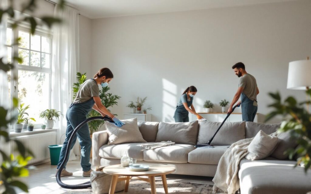 Équipe de nettoyage réalisant un grand ménage de printemps dans un salon moderne : plusieurs personnes essuient les surfaces, passent l'aspirateur sur le canapé et nettoient les fenêtres ouvertes. Lumière naturelle vive en rayons volumétriques, décor minimaliste aux tons neutres avec touches de vert.
