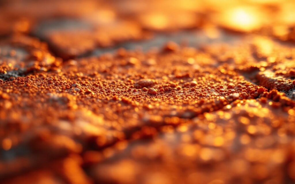 Gros plan d'une brique en terre cuite montrant de nombreux micropores, texture granuleuse et pores fins, tons chauds ocre et orange, éclairage volumétrique doré rappelant un coucher de soleil