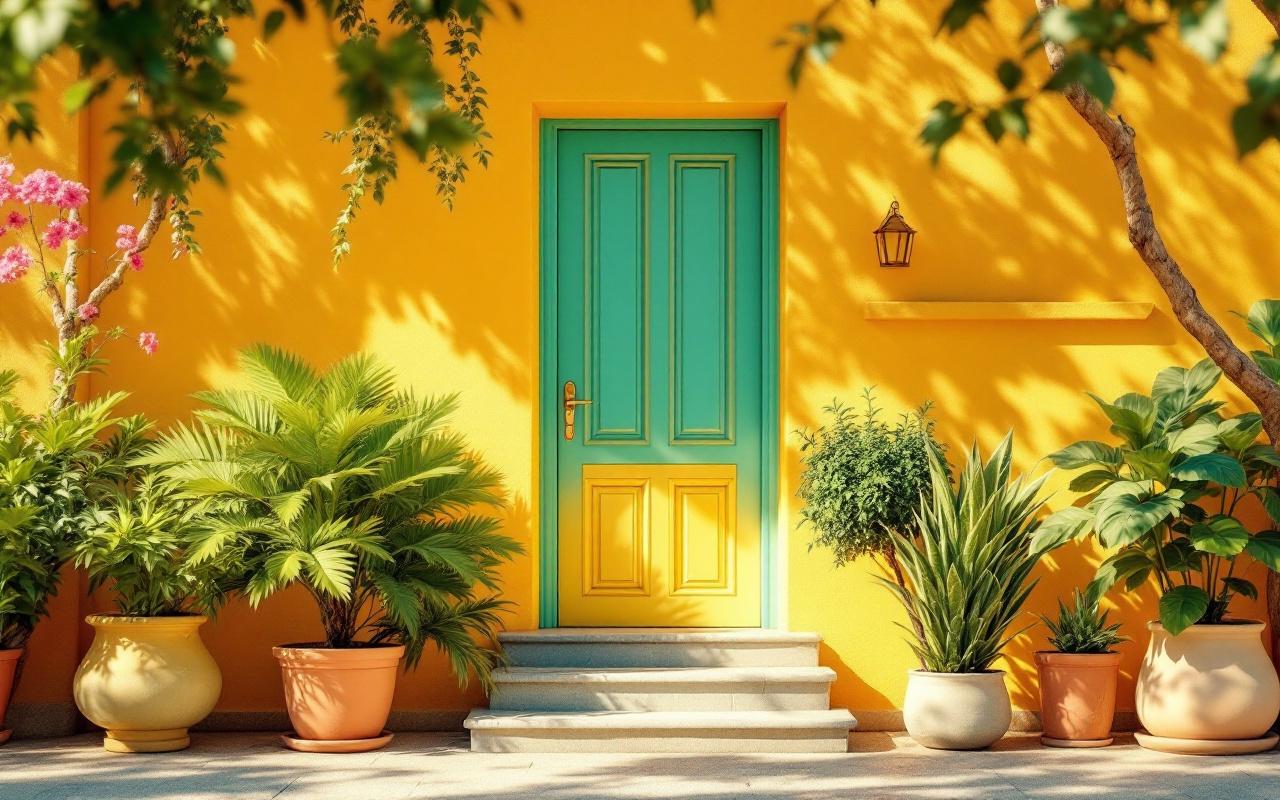 Porte d'entrée colorée sur une façade lumineuse, entourée de plantes en pots et de verdure, éclairée par une lumière douce et volumétrique, ambiance naturelle et réaliste.