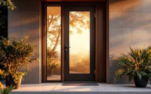 Porte d'entrée moderne avec grand panneau de verre et quincaillerie noire mate, encadrement en bois chaleureux, porche en béton avec plantes en pot, lumière douce de fin d'après-midi créant une ambiance réaliste et naturelle.