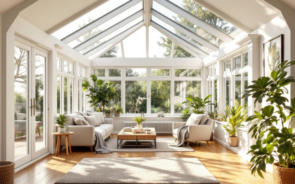 Intérieur lumineux d'une véranda moderne aménagée en salon cosy, parois vitrées laissant entrer une lumière naturelle volumétrique douce, canapé moelleux beige, sol en bois, plantes vertes, ambiance chaleureuse et accueillante.