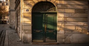 Imposte vitrée en demi-lune au-dessus d'une porte d'entrée ancienne en bois