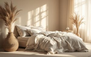 Chambre douce et élégante aux tons beige et lin, lumière tamisée, ambiance reposante et épurée, linge de lit impeccable et décor minimal.