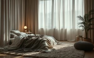 Chambre contemporaine apaisante avec rideaux épais, tapis moelleux et lumière tamisée