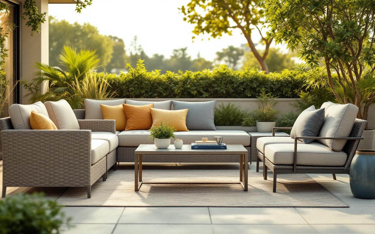 Comparatif visuel de deux salons de jardin sur une terrasse : l’un en résine tressée avec coussins beige, l’autre en aluminium brossé avec coussins gris.