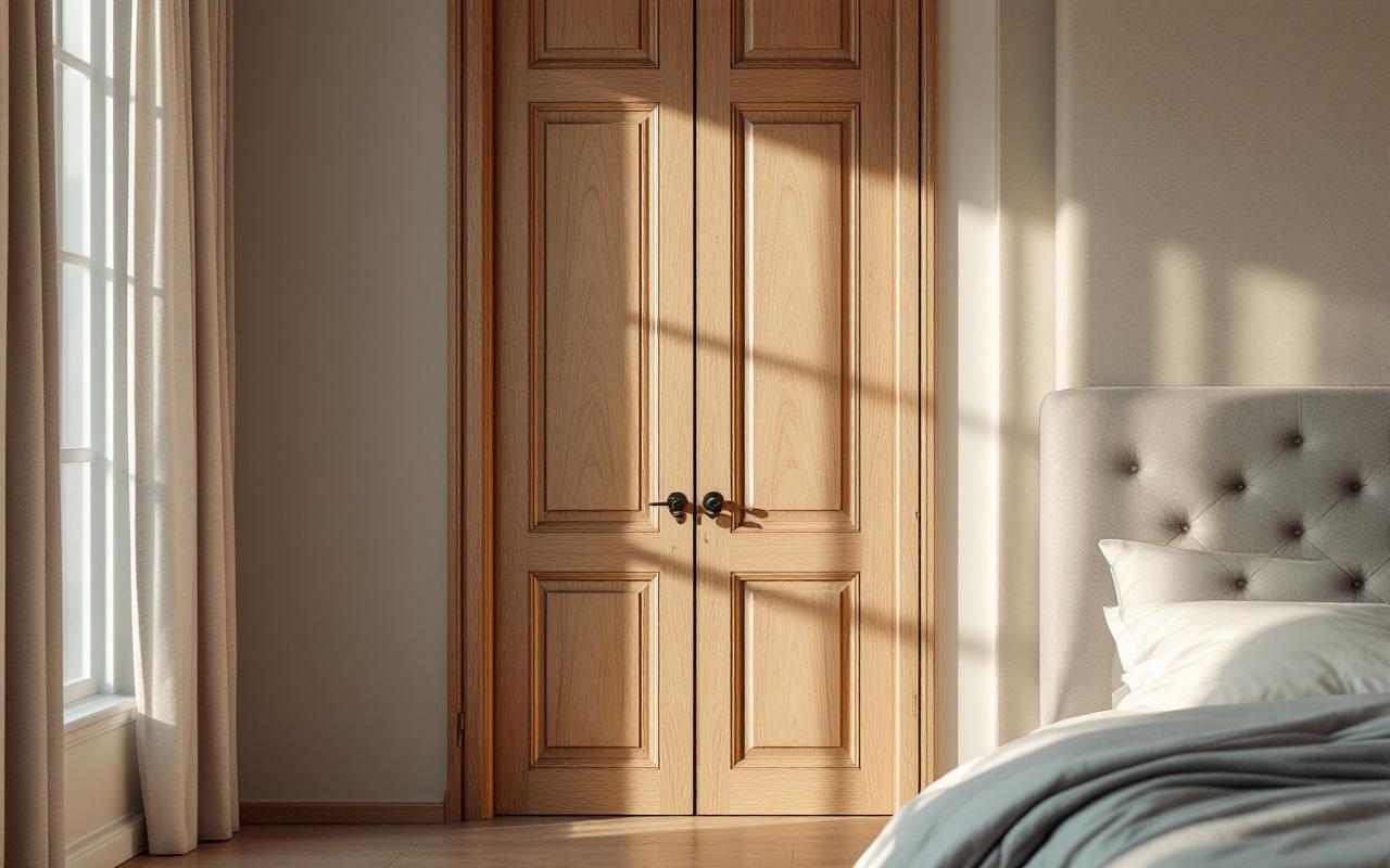 Porte de chambre en bois fermée, tête de lit capitonnée et panneaux acoustiques discrets dans une chambre au style moderne