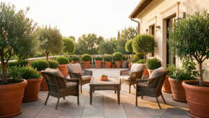Terrasse élégante en extérieur, mobilier de jardin harmonisé et rééquilibré, plantes en pots, éclairage d’été doux et lumineux, vue naturelle et réaliste.