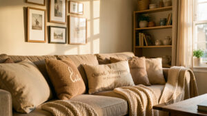 Intérieur chaleureux et harmonieux avec cadres, textiles doux sur des coussins et accessoires décoratifs assortis, éclairage doré et ambiance cosy.
