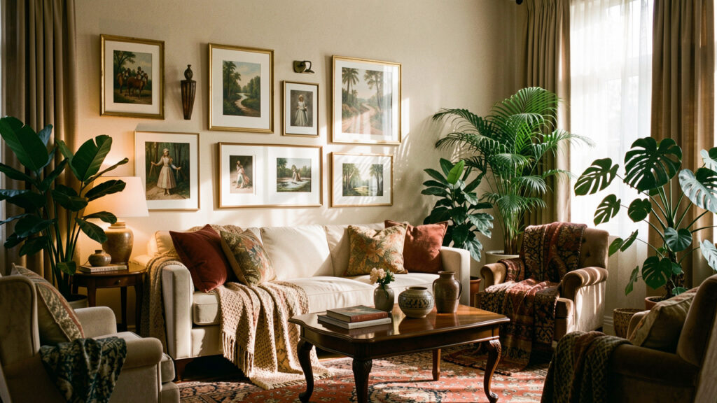 Salon élégant et chaleureux avec cadres aux murs, textiles harmonieusement disposés, plantes vertes et objets décoratifs, éclairage doux et ambiance calme.
