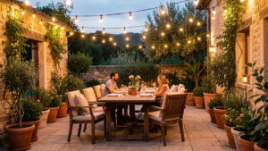 Terrasse d’été élégante avec mobilier extérieur, plantes en pots, guirlandes lumineuses et une ambiance conviviale chaleureuse.