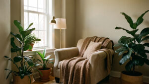Coin lecture chaleureux près d’une fenêtre avec un fauteuil beige, un plaid texturé, une lampe sur pied et des plantes vertes.