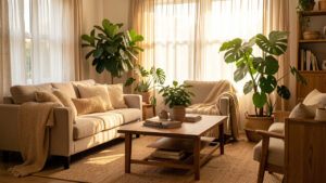 Salon élégant et chaleureux avec meubles en bois harmonieux, plantes vertes luxuriantes et lumière douce et tamisée.
