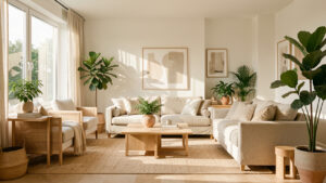 Salon contemporain lumineux et élégant avec des matières naturelles, des plantes vertes et un mobilier harmonieux dans une ambiance chaleureuse.