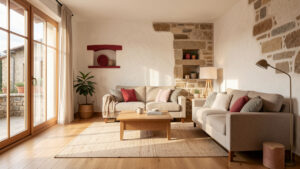 Salon lumineux d’un appartement basque contemporain de 60 m², avec parquet en chêne, mur blanc cassé à la chaux, touches de rouge basque et pierre naturelle dans la lumière douce du matin.