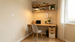 Coin repas-bureau compact et chaleureux dans un studio, avec une table en bois, une chaise confortable, des plantes et des rangements astucieux.
