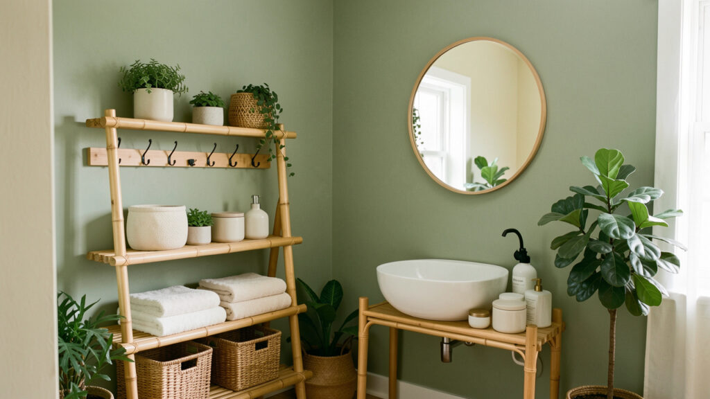 Salle de bain en location décorée dans des tons vert sauge et crème avec des accessoires amovibles, une étagère en bambou, des paniers tressés, des serviettes douces et des plantes.