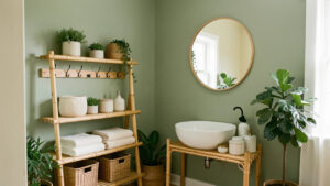 Salle de bain en location décorée dans des tons vert sauge et crème avec des accessoires amovibles, une étagère en bambou, des paniers tressés, des serviettes douces et des plantes.