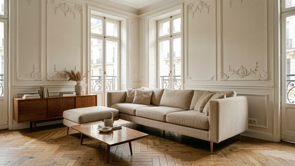 Salon d’un appartement haussmannien parisien avec moulures blanches, parquet ancien en point de Hongrie, canapé beige sur pieds fins et enfilade basse en noyer, baigné d’une lumière naturelle douce.
