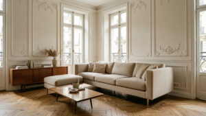 Salon d’un appartement haussmannien parisien avec moulures blanches, parquet ancien en point de Hongrie, canapé beige sur pieds fins et enfilade basse en noyer, baigné d’une lumière naturelle douce.